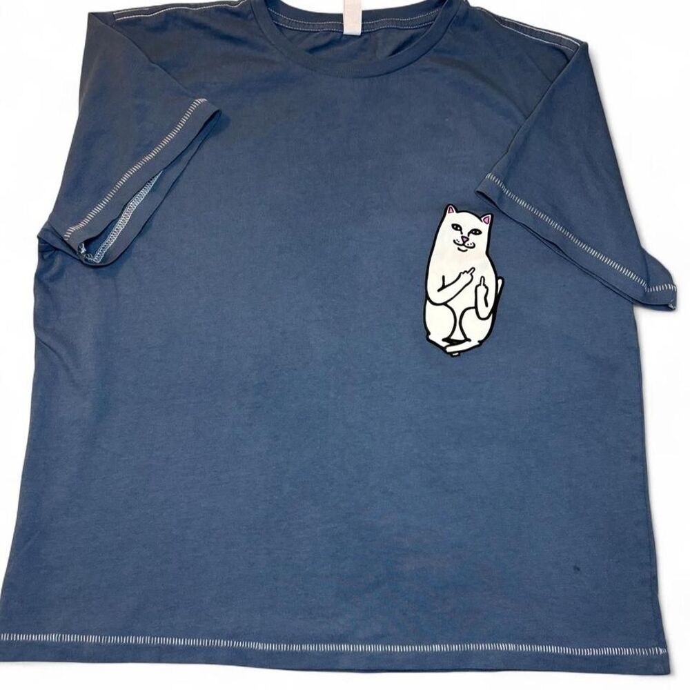 RIPNDIP Inspired Lord Nermal Middle Finger Cat Tee Navy Blue Size L